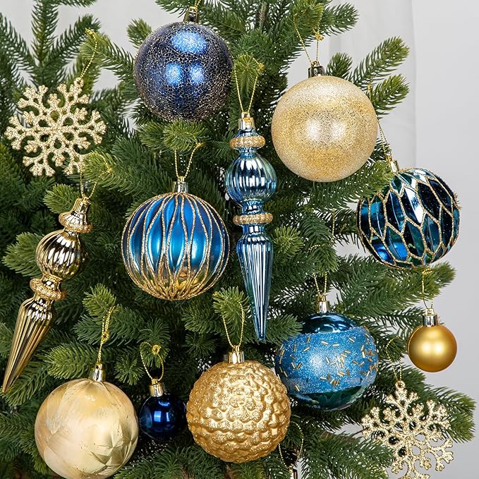 92ct Christmas Tree Decoration Set Christmas Ball Ornaments with Srtings Shatterproof Christmas Baubles for Christmas Holiday Wreath Garland Party Decoration, Blue-Gold