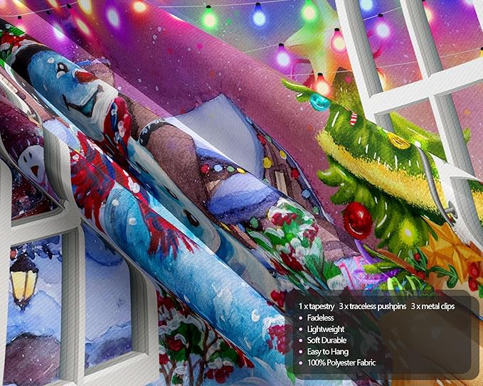QGHOT Christmas Window Tapestry Wall Hanging, Christmas Backdrop Winter Window Wall Decor Xmas Snowman Deer Tapestries for Bedroom Living Room Dorm Holiday Party Decoration, Extra Large
