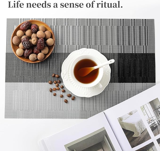 Leetaltree Grey with White Striped Placemats Set of 8 - Heat Resistant Non-Slip Place mats for Dining Table, Washable Durable PVC Vinyl Woven Table Mats（Grey Stripe, 8）