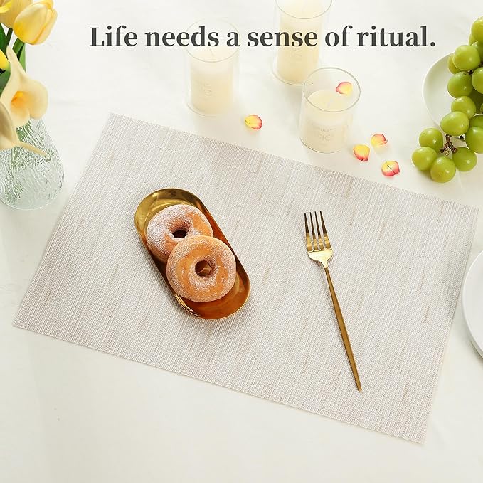 Leetaltree Pale Beige Placemats Set of 4 - Heat Resistant Non-Slip Place mats for Dining Table, Washable Durable PVC Vinyl Woven Table Mats（Pale Beige, 4）