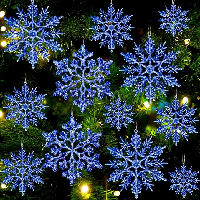 Christmas Tree Decorations Snowflake Ornaments 36Pcs Blue Silver Glitter Plastic Hanging Snowflakes from Ceiling Snow Flakes Decorating Hanging for Winter Wonderland Decorations Indoor Outdoor Decor
