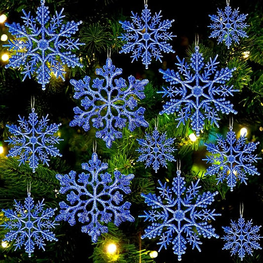 Christmas Tree Decorations Snowflake Ornaments 36Pcs Blue Silver Glitter Plastic Hanging Snowflakes from Ceiling Snow Flakes Decorating Hanging for Winter Wonderland Decorations Indoor Outdoor Decor