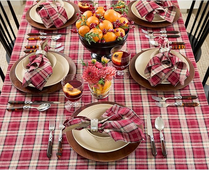 Solino Home Plaid Linen Tablecloth 60 x 90 Inch - 100% Pure Linen Burgundy Tartan Plaid Table Cloth for Rectangle Tables - Machine Washable Tablecloth for Christmas
