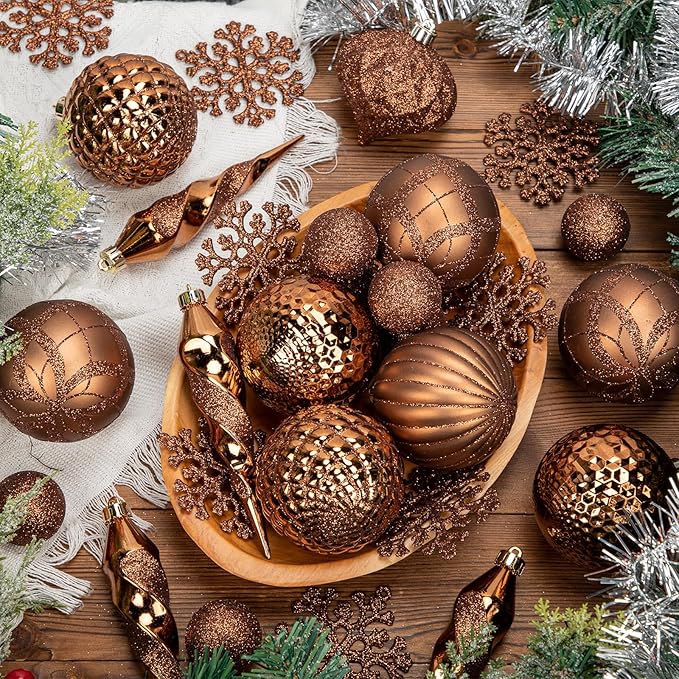 50PCS Christmas Tree Ornaments Set with Shatterproof Christmas Balls Icicle Snowflake Hanging Ornaments for Home Office Farmhouse Christmas Decorations, Bronze