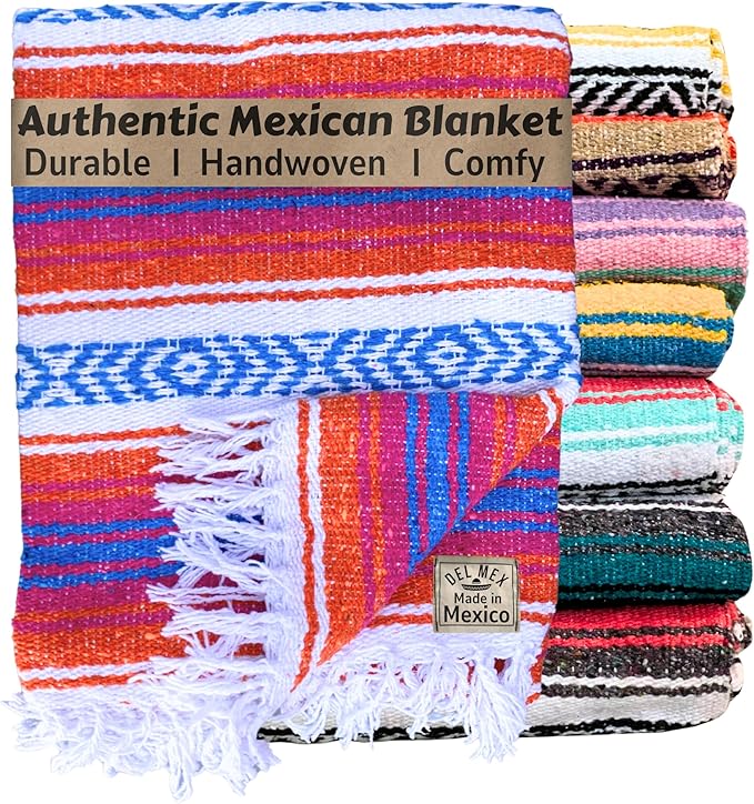 Del Mex Classic Mexican Blanket, Large Authentic Woven Falsa Throw (70"x50"), Artisan Southwest Décor for Beach, Yoga, Outdoors (Orange/Pink/Blue)