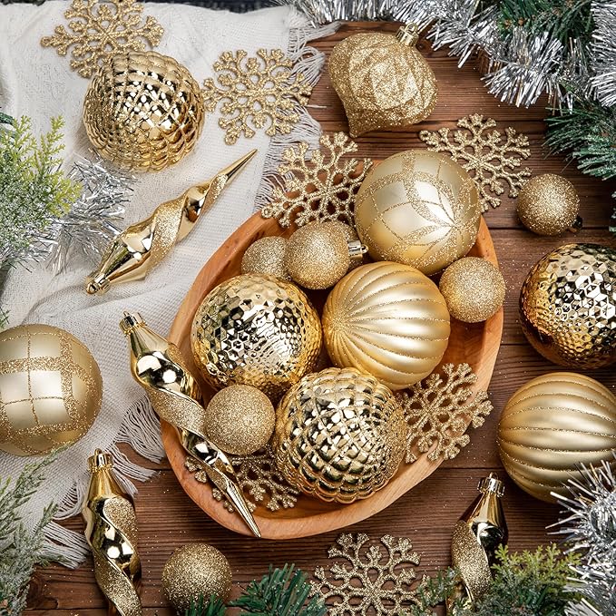 50PCS Christmas Tree Ornaments Set with Shatterproof Balls Icicle Snowflake Hanging Ornaments for Home Office Farmhouse Christmas Decorations, Gold