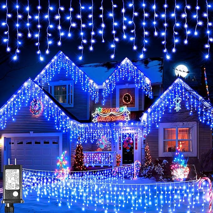 Icicle Lights for Outside, 66FT 640 LED Christmas Icicle Lights Outdoor Indoor with Waterproof 8 Modes, Plug in Curtain String Light for House Patio Roof Garden Party Wedding Decorations, Blue