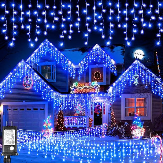 98FT Blue Icicle Lights for Outside, 1216 LED Icicle Christmas Lights with 8 Modes 228 Drops, Curtain Twinkle Lights for Indoor Outdoor Bedroom House Holiday Party Wedding Decorations