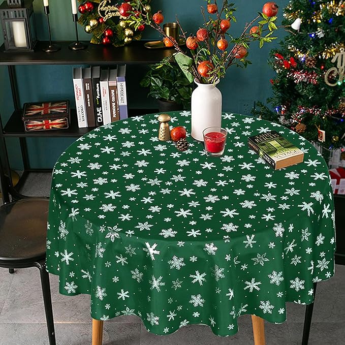 LUSHVIDA Christmas Tablecloth Round - Green 60inch Snowflakes Foil Print Pattern Washable Wrinkle Resistant Holiday Tablecloths for Christmas Family Gathering, Dining Room Table 130GSM