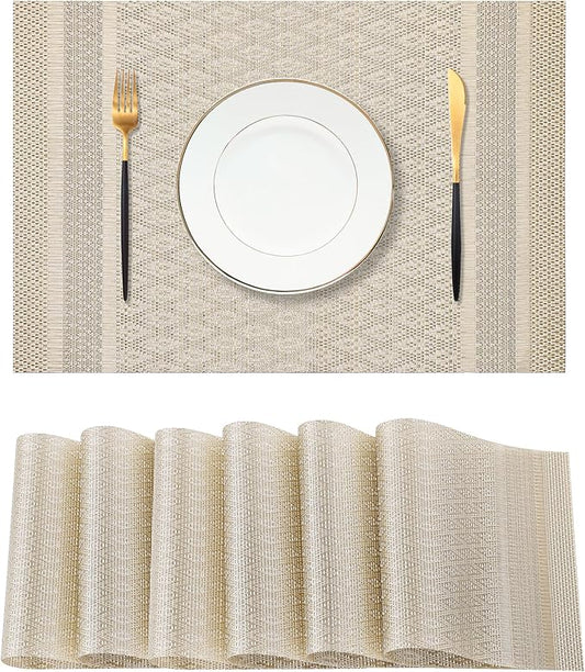 Leetaltree Stardust Yellow Placemats Set of 6 - Heat Resistant Non-Slip Place mats for Dining Table, Washable Durable PVC Vinyl Woven Table Mats（Stardust Yellow, 6）