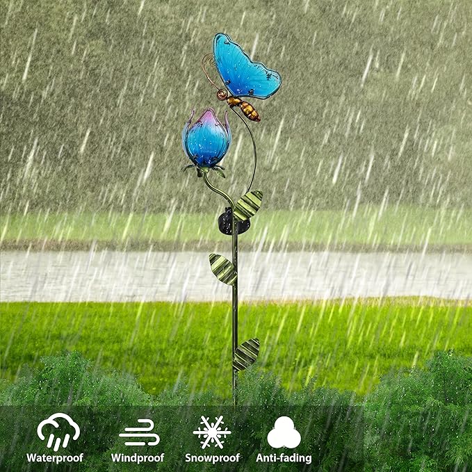 TERESA'S Collections Flower Yard Decorations Outdoor, 42'' Blue Glass Butterfly Solar Outdoor Lights Garden Decor for Outside, Metal Yard Art Garden Stake Decorative for Patio Decor,Gifts for Mom