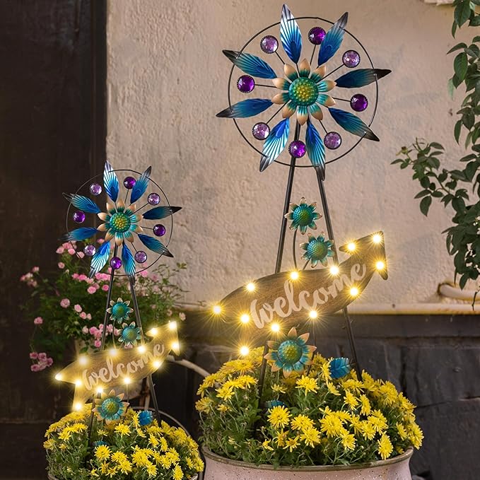 TERESA'S COLLECTIONS Peacock Garden Decor Solar Stake, Wind Spinner for Outdoor Decorations, Metal Windmill Blue Floral Yard Art Sign Decorative Garden Stake for Lawn Ornaments, Gifts for Mom, 26''