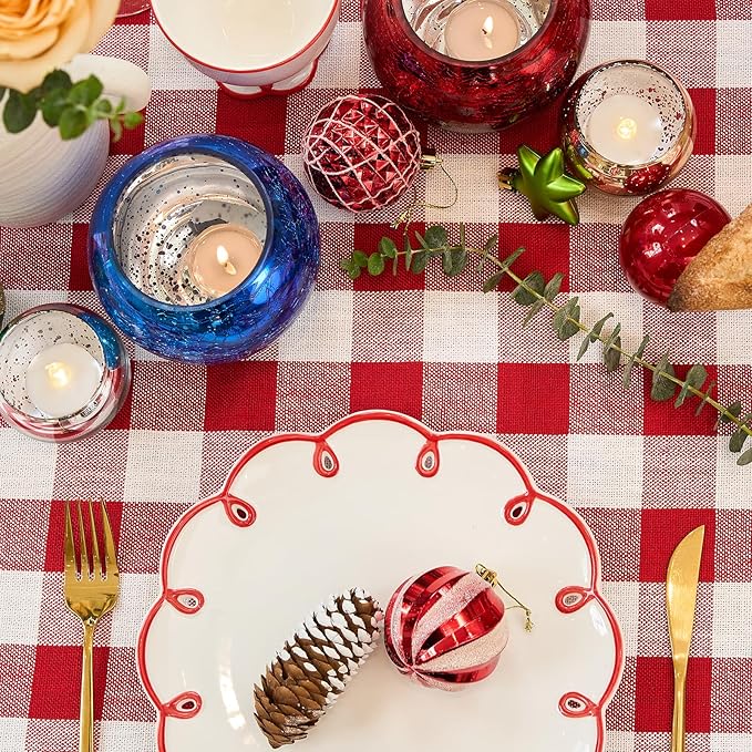 Table Cloth Rectangle Table-Rustic Gingham Tablecloth Buffalo Plaid Table Cloth for Thanksgiving Christmas Kitchen Dining Room (55x70 Inch,Red and White)