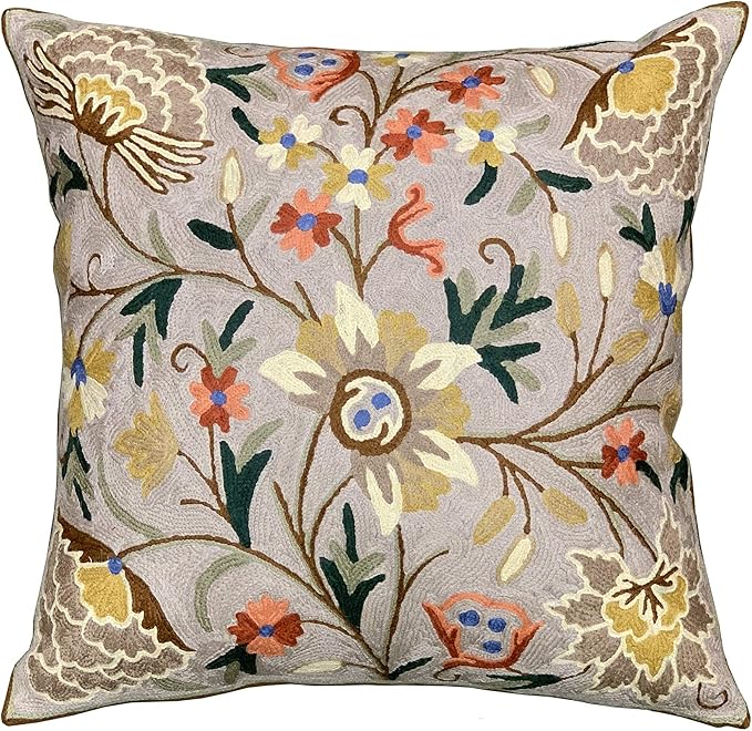 Beige Floral Pillow Cover Taupe Flower Traditional Hand Embroidered Pillowcase Traditional Outdoor Cushion Suzani Couch Flowery Needlepoint Chair Cushion Wool Size - 18x18