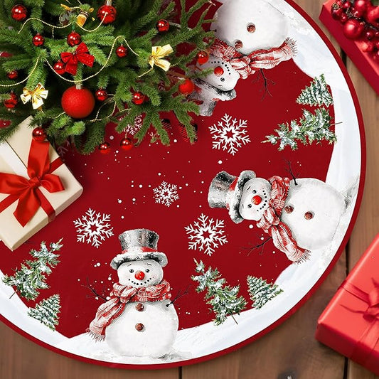 Christmas Tree Skirt 48 Inches Red Xmas Soft Cover Mat Decor Retro Xmas Tree Skirt for New Year Holiday Ornaments Indoor Outdoor Decorations (Snowman Pattern)