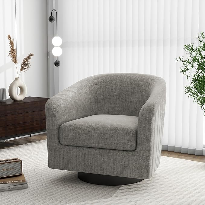 Swivel Barrel Accent Chair, Modern Round Linen Arm Chair for Living Room, Bedroom, Comfy Club Reading Chairs for Adults（Linen Fabric, Khaki, Set of 4