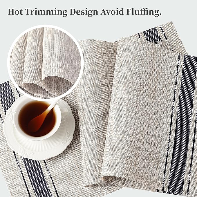Leetaltree Khaki-Blue Placemats, Heat Resistant Non-Slip Place mats for Dining Table, Washable Durable PVC Vinyl Woven Table Mats (Set of 4)
