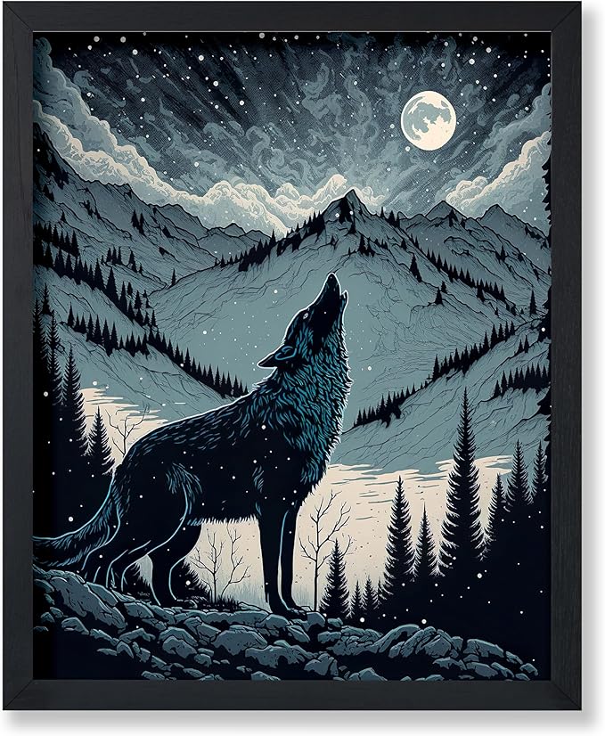Poster Master Howling Wolf Poster - Moon Print - Mountain Art - Wolf & Moon Art - Gift for Men, Women & Animal Lover - Landscape Decor for Bedroom, Living Room or Kid's Room - 16x20 UNFRAMED Wall Art