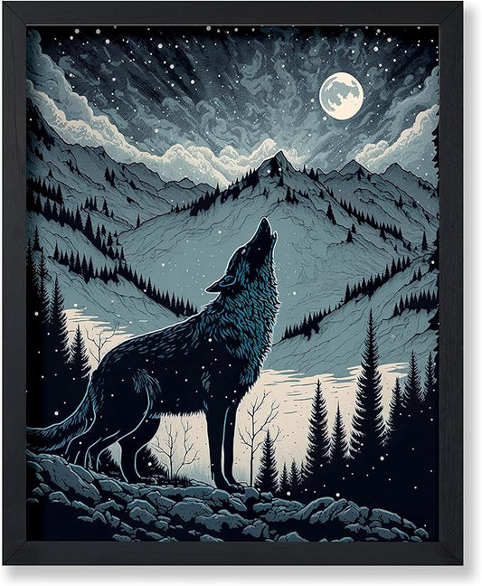 Poster Master Howling Wolf Poster - Moon Print - Mountain Art - Wolf & Moon Art - Gift for Men, Women & Animal Lover - Landscape Decor for Bedroom, Living Room or Kid's Room - 11x14 UNFRAMED Wall Art