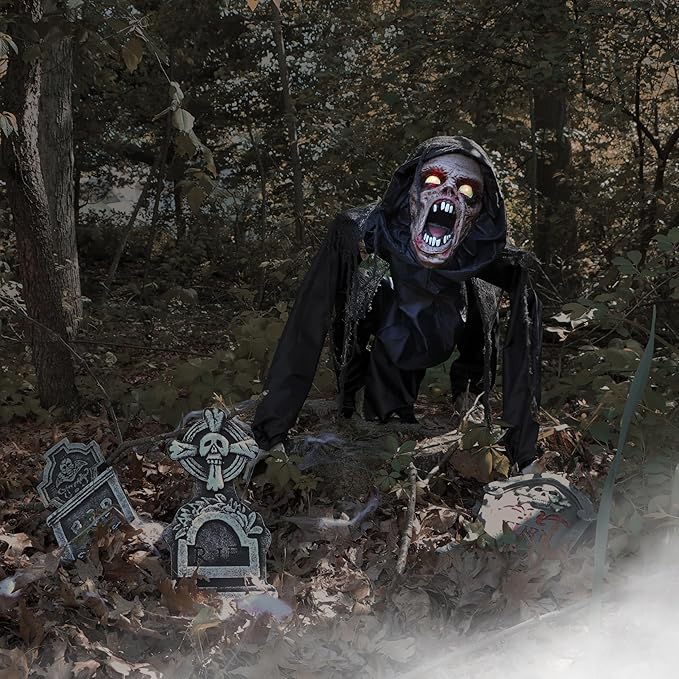 Haunted Hill Farm Scary Crouching Zombie, Halloween Animatronic with Touch Activated Lights and Sounds, Battery Operated Indoor or Covered Outdoor Halloween Decorations, Creepy Halloween Props