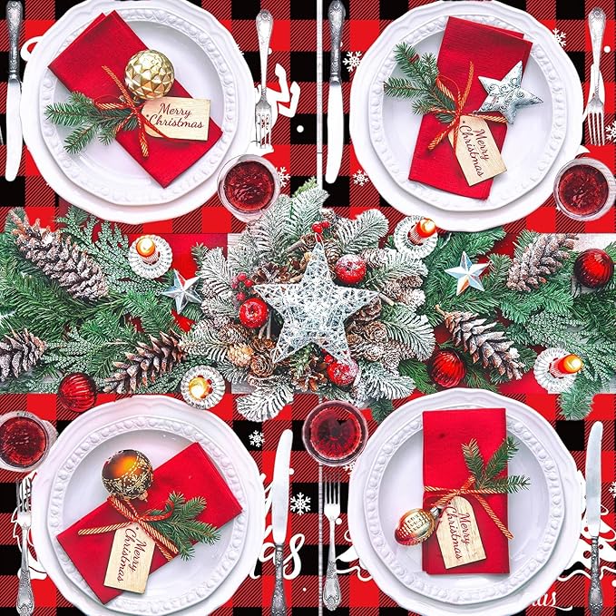 Christmas Placemats Set of 6 Red and Black Plaid Table Mats Plastic Xmas Recyclable Place Mats Washable Holiday Table Decoration for Indoor Outdoor Christmas Party Kitchen Dining