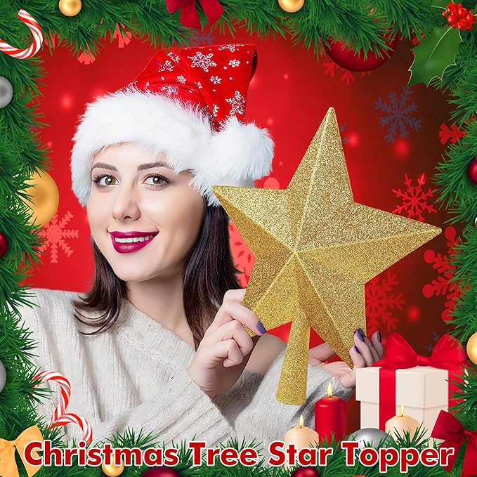 Christmas Tree Topper, 1PCS 10" Gold Glitter Star Tree Topper, Large Xmas Shatterproof Mini Bethlehem Star Tree Topper Decorations, Waterproof Christmas Decor for Holiday Home Outdoor Ornament