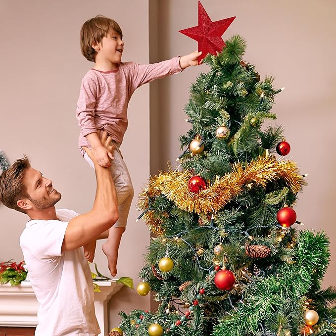 Star Tree Topper, 8" Red Christmas Tee Topper Decorations, Glitter 3D Xmas Bethlehem Star Waterproof Shatter-Proof, Christmas Tree Topper Ornament Decor for Christmas Holiday Party Indoor Outdoor Use