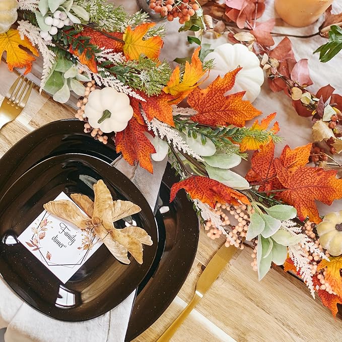 GENMOUS 6ft Thanksgiving Fall Garlands, Pumpkins Maple Leaves Autumn Wreaths for Front Door, Fall Decor, Porch Wall, Home Outdoor Holiday Decorations