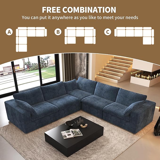 118" V Shaped Corner Modern Sofa Modular Sectional Cloud Couch,Deep Seat Upholstered Couches with Plush Corduroy Fabric for Living Room Furniture,Bedroom and Apartment,No Assembly Required,Blue