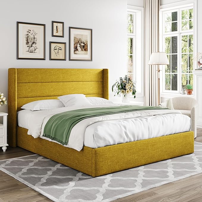 Allewie Queen Size Lift Up Storage Bed, Modern Wingback Headboard, Hydraulic Support, No Box Spring Needed, Olive Yellow