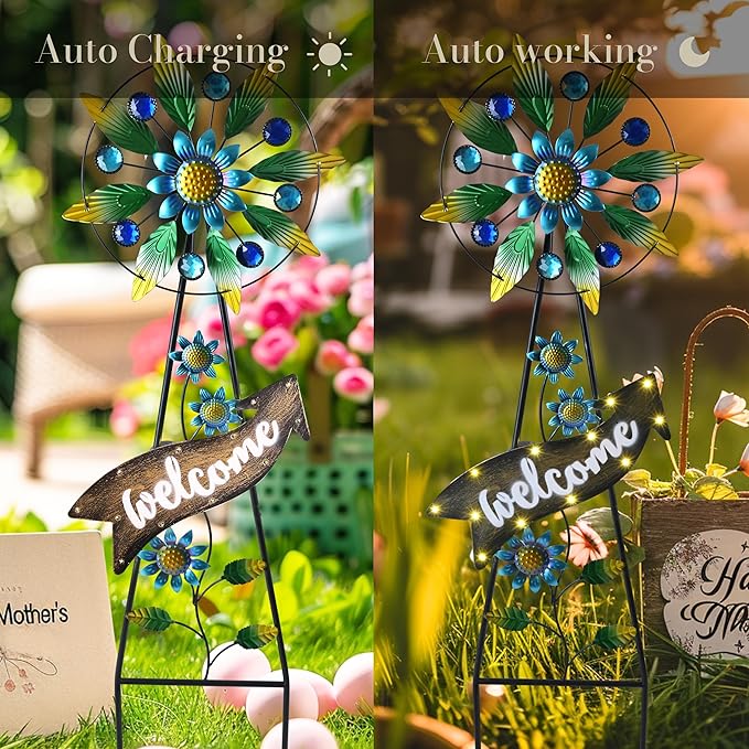 TERESA'S COLLECTIONS Hummingbird Garden Solar Stake, Wind Spinner Yard Art Sign for Outdoor Decor, Metal Purple Floral Windmill Decorative Garden Stake for Lawn Ornaments, Gifts for Mom, 36''