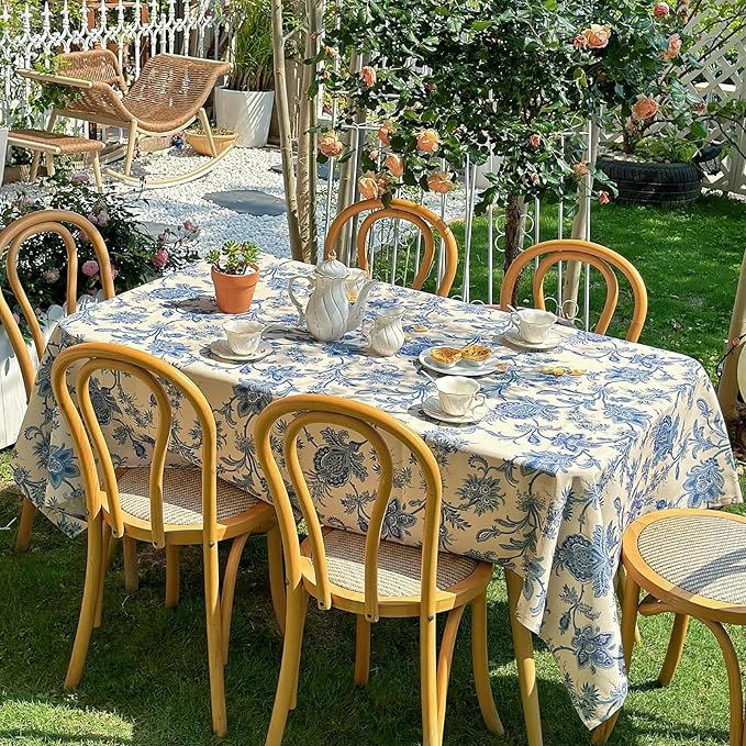 Table Cloth for Rectangle Tables 60'' x 120'', Washable Waterproof Tablecloth, Print Floral Table Cover for Outdoor, Dining, Picnic, Farmhouse, Wedding - Blue Flower