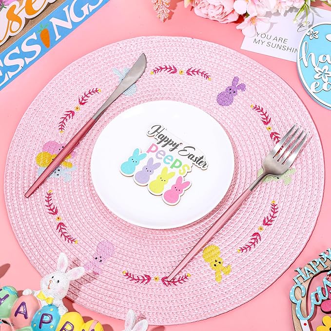 Whaline 4Pcs Round Bunny Easter Placemats Pink Rabbit Embroidered Place Mats Spring Cute Rabbit Dinner Table Mat Easter Dining Kitchen Table Mats for Home Wedding Baby Shower Birthday Party Decor
