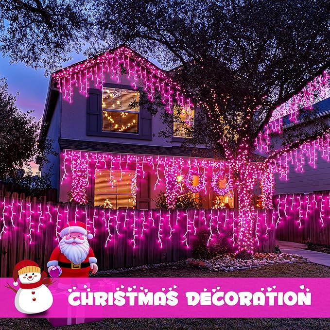 JMEXSUSS 400 LED Pink Christmas Icicle Lights, Connectable Pink Christmas Lights Indoor Outdoor with Remote, Icicle String Light for Room Fireplace Garden Eave Decorations