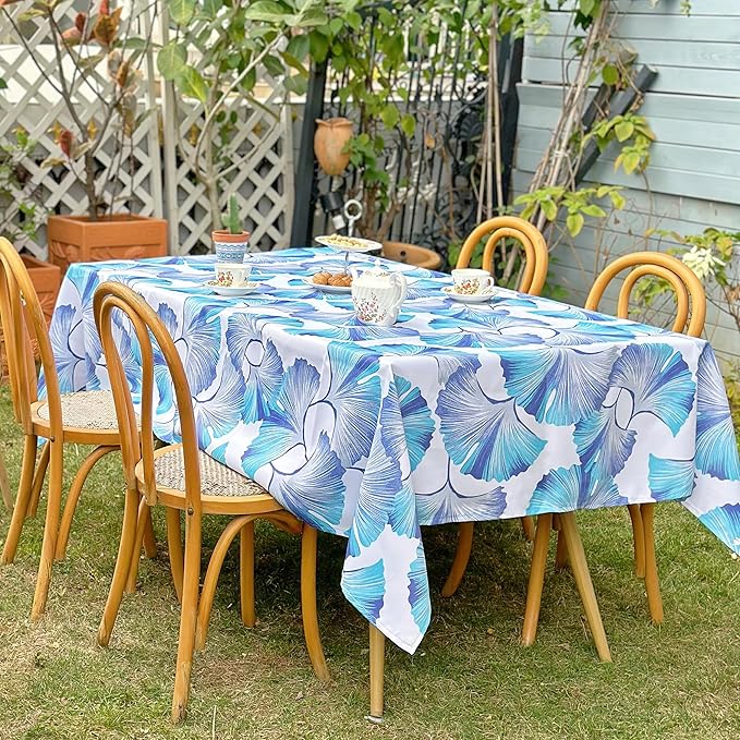 Spring Summer Rectangle Table Cloth, Waterproof Outdoor Tablecloth, Blue Ginkgo Leaf Pattern Table Cover for Dining, Party, Buffet, Picnic, 54 x 72 Inches, Blue Floral