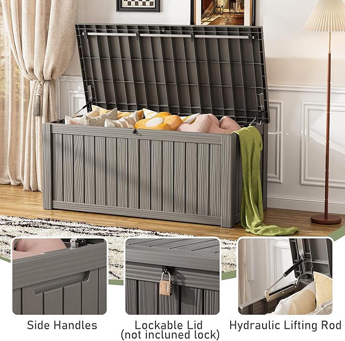 KAMABOKO Outdoor Storage Box, 120 Gallon Large Outdoor Resin Deck Box, Storage Waterproof Boxes Lockable Lid for Garden Tools, Pool Supplies, Patio Furniture and Cushions, Grey