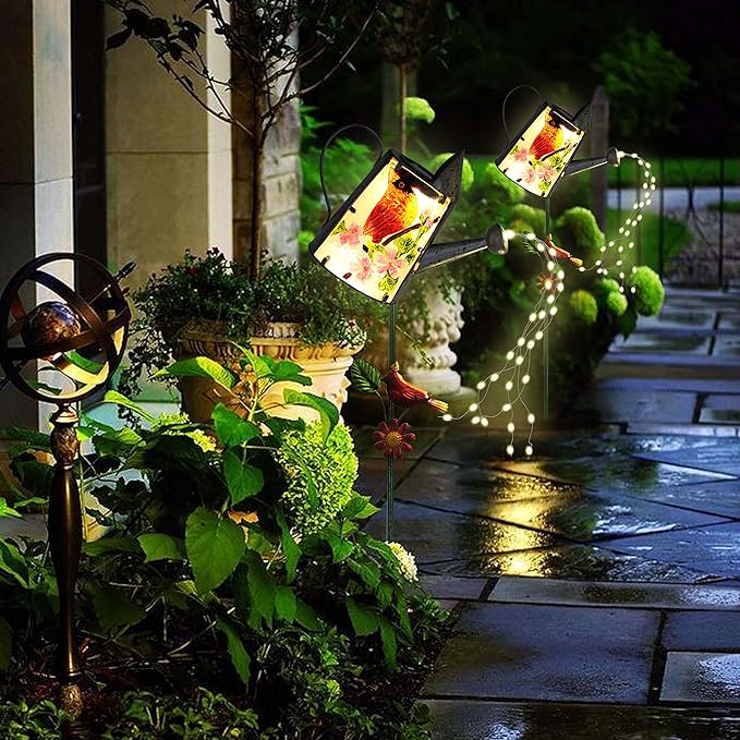 Garden Solar Lights Outdoor, Metal Watering Can Garden Stake Lights Cardinal Bird Decor Glass Art for Walkway, Pathway, Yard, Lawn