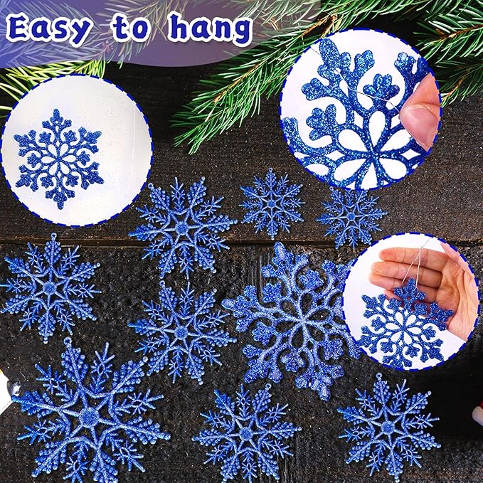 Christmas Tree Decorations Snowflake Ornaments 36Pcs Blue Silver Glitter Plastic Hanging Snowflakes from Ceiling Snow Flakes Decorating Hanging for Winter Wonderland Decorations Indoor Outdoor Decor