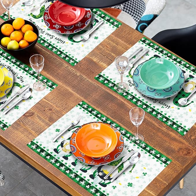 St Patricks Day Placemats Green Gnome Gold Coin Shamrock Placemats Set of 4 Buffalo Plaid Spring Holiday Linen Place Mats for Kitchen Dining Party Table Home Decoration Size 12x18 Inches
