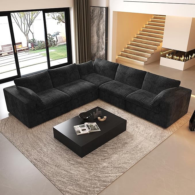 118" V Shaped Corner Modern Sofa Modular Sectional Cloud Couch,Deep Seat Upholstered Couches with Plush Corduroy Fabric for Living Room Furniture,Bedroom and Apartment,No Assembly Required,Black