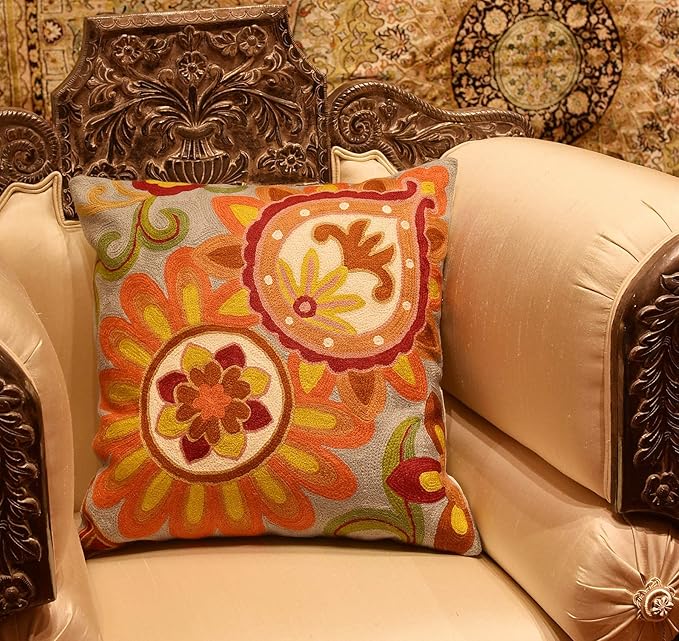 Soft Turquoise Hand Embroidered Floral Pillow Cover Flower Pillows Loral Outdoor Pillowcase Suzani Cushions Flower Chair Cushion Hand Embroidered Wool Size 18x18