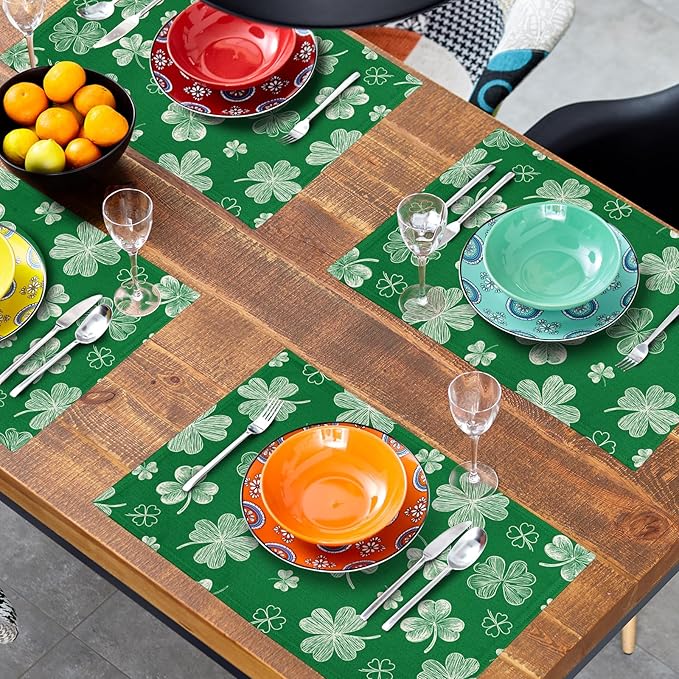 St. Patrick's Day Placemats Set of 4 Spring Holiday Green Shamrock Washable Non-Slip Heat Resistant Place Mats 12x18 Inch Rustic Linen Table Mats for Kitchen Dining Party Decor