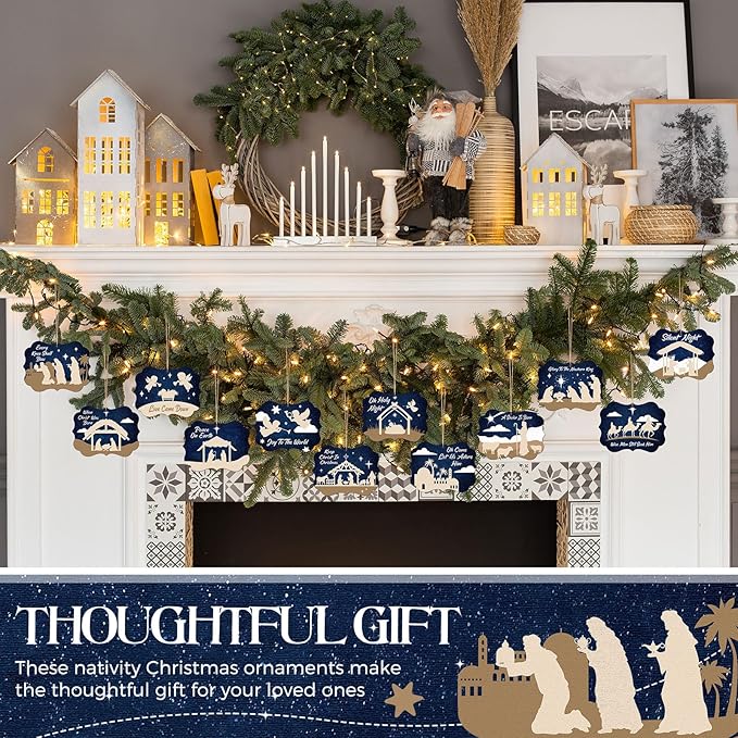 Soaoo 60 Pcs Nativity Scene Christmas Tree Ornament Christian Religious Ornaments Bulk Round Nativity Xmas Tree Hanging Wooden Decorations for Garden Yard Outdoor Home (Square Style)