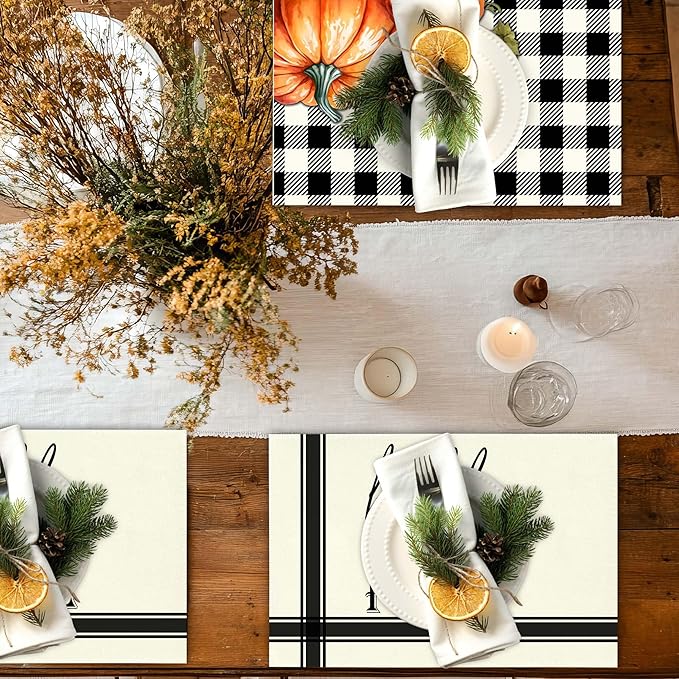 Hello Pumpkin Placemats Set of 4, 12x18 Inch Black Fall Buffalo Plaid Table Mats, Washable Heat Resistant Place Mats for Kitchen Dining Table, Autumn Home Farmhouse Decor-B02