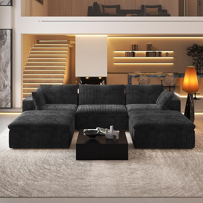 118" U Shaped Modern Sofa Modular Sectional Cloud Couch with 2 Ottoman,Upholstered Couches with Plush Corduroy Fabric for Living Room Furniture,Bedroom and Apartment,No Assembly Required,Black