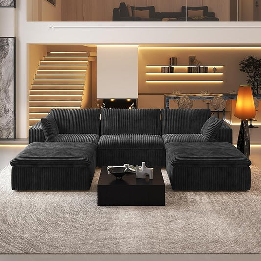 118" U Shaped Modern Sofa Modular Sectional Cloud Couch with 2 Ottoman,Upholstered Couches with Plush Corduroy Fabric for Living Room Furniture,Bedroom and Apartment,No Assembly Required,Black