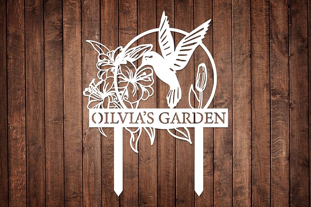 Custom Hummingbird Metal Garden Decor, Personalized Bird with Stakes Garden Sign, Flower Design Personalized Garden Sign, Custom Garden Name Sign, Home Gift, Large Outdoor Decor, Patio Decor