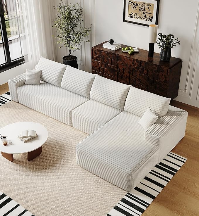 136" Sectional Couches for Living Room Modern Modular Sofa with L-Shape Couchs Upholstered Boneless Couch Deep Seat Sectional Couch with Chaise (White, Right Facing Chaise+3Seaters)