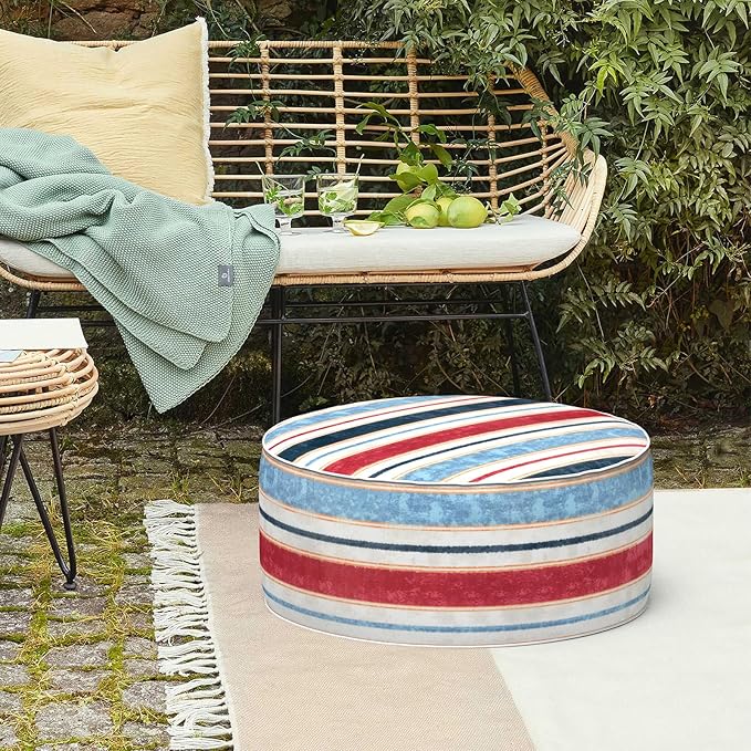 LVTXIII Inflatable Stool Ottoman Footrest with Handle, Decorative Fade-Resistant Foot Stool, Indoor or Outdoor Pouf for Home Garden and Camping Use, D21 x W 21 x H9, Stripe Red Blue