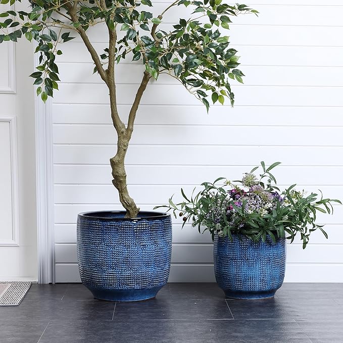 LuxenHome Ocean Blue 12-Inch Dia Round Ceramic Planter Pot with Drainage Hole and Rubber Plug, Modern Gradient Glaze Plant Pot, Decorative Flower Garden Pot for Indoor Outdoor Plants